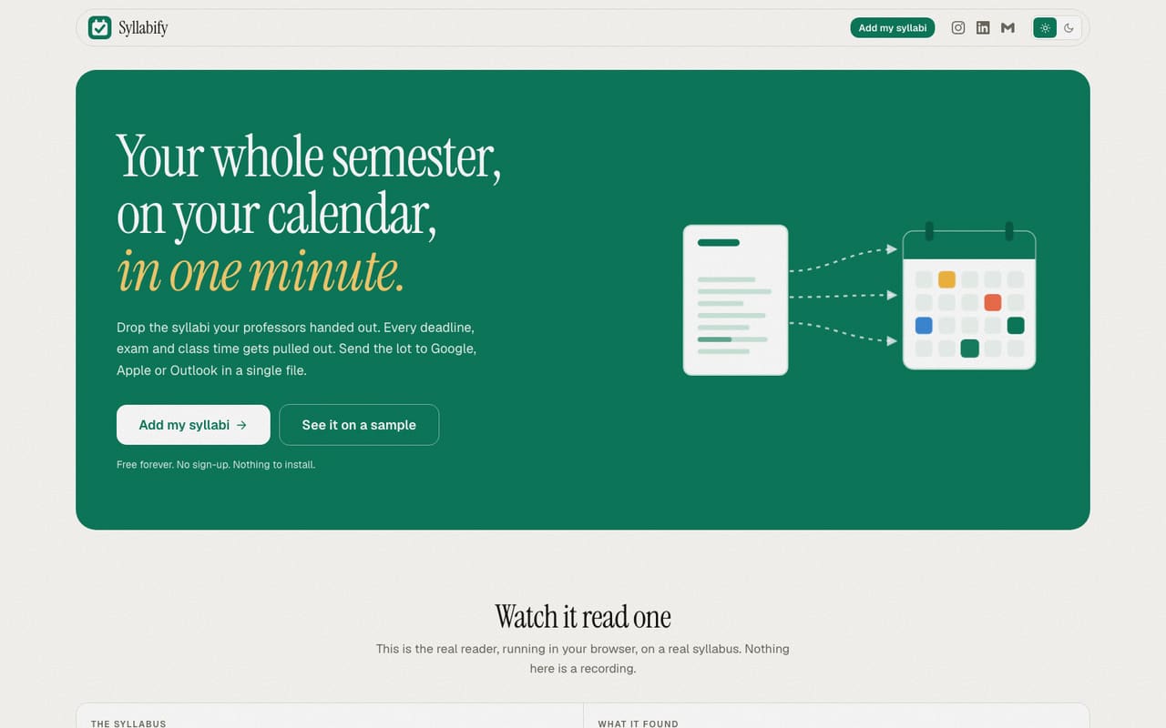 Syllabify landing page showing a syllabus turning into calendar events